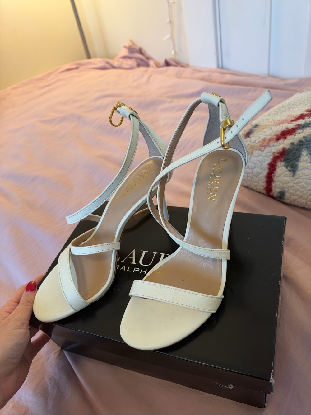 Lauren Ralph Lauren White Leather Strappy Ankle-Heel Sandals